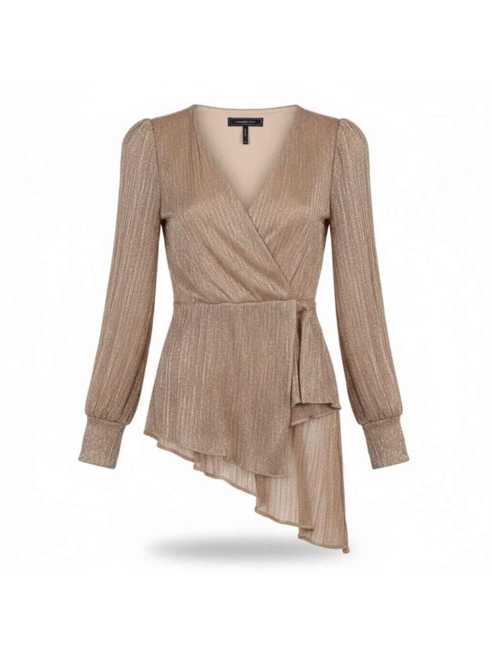 BCBGMaxAzria Womens Beige Metallic Wrap Top Blouse Long Sleeve Size XS